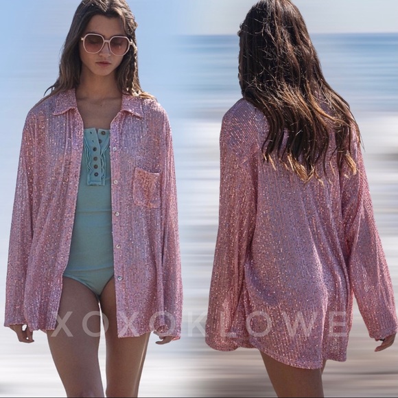 LAST 1 POL Pink Sequin Princess Button Down Shirt Blouse - Picture 4 of 15